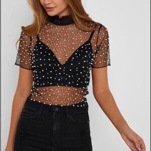 Faux pearl mesh top